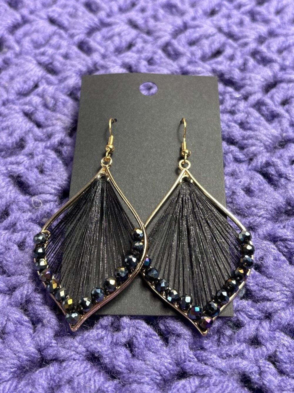 Goldtone Black Thread Faceted Glass Beaded Dangle Earrings 2 inches